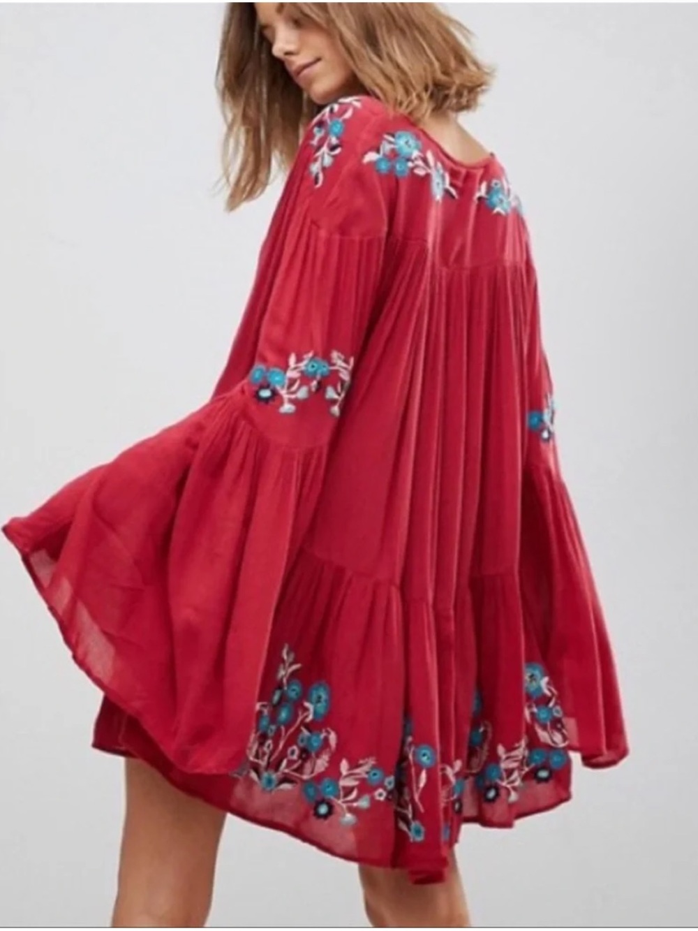 Free People Te Amo Mini Dress with Blue Floral Embroidery